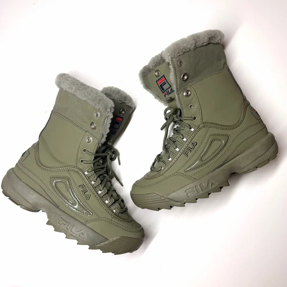 Fila Women’s Disruptor Shearling Mid Calf Lace Up Olive Green Boots Size- 6.5